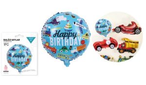Balão Foil Redondo Happy Birthday Veículos 45Cm