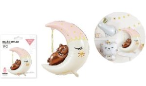 Balão Foil Lua Rosa com Ursinho 86Cm