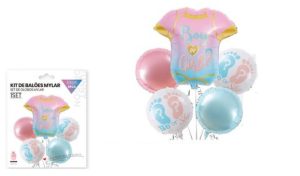 Kit 5 Balões Foil 1 Camisola Boy or Girl 63Cm 2 Redondos He or She e 2 Redondos 45Cm
