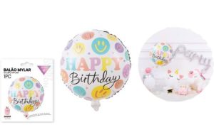 Balão Foil Redondo Happy Birthday Smiles 45Cm