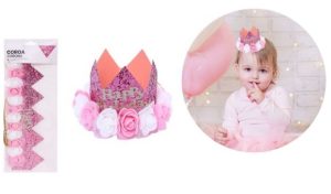 Coroa Glitter Rosa Happy Birthday 8Cm