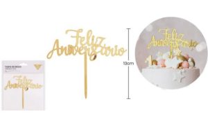 Topper Bolo Acrílico Feliz Aniversário 13Cm - Dourado