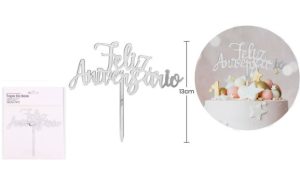 Topper Bolo Acrílico Feliz Aniversário 13Cm - Prateado