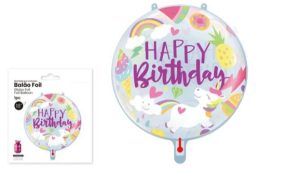 Balão Foil Redondo Happy Birthday Unicórnio 45Cm