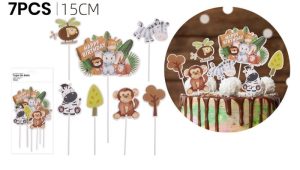 Blister 7 Toppers Bolo Animais da Selva Happy Birthday 15Cm