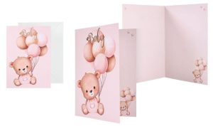 Postal Baby Ursinho Rosa Balões 12.5x17.5Cm