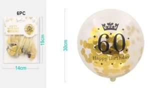 Blister 6 Balões Látex Gitter Dourado Lantejoulas Happy Birthday 30Cm - 60 Anos