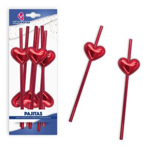 Blister 6 Palhinhas Papel Vermelhas Corações Vermelhos