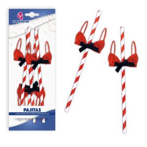 Blister 4 Palhinhas Papel Listadas Vermelho/Branco Soutiã