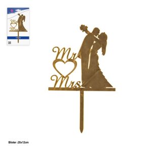 Topper Acrílico Bolo Dourado Casamento Noivos Mr & Mrs.