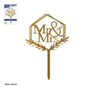 Topper Acrílico Bolo Dourado Hexágono Mr & Mrs.