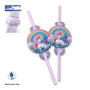 Blister 6 Palhinhas Papel Lilás Unicórnio Arco-Íris