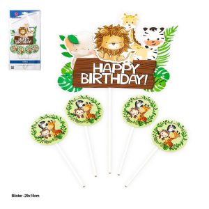Blister 5 Toppers Animais da Selva Happy Birthday