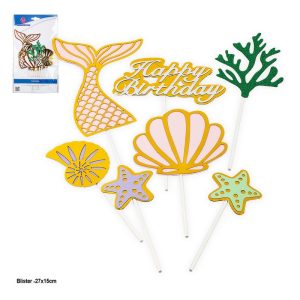 Blister 7 Toppers Sereia/Estrela do Mar Happy Birthday