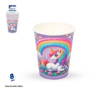 Blister 8 Copos Papel Lilás Unicórnio Arco-Íris 9x8Cm