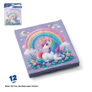 Blister 12 Guardanapos Papel Lilás Unicórnio Arco-Íris 33x33Cm