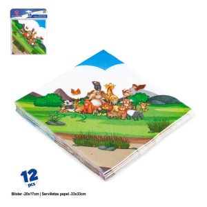 Blister 12 Guardanapos Papel Animais Divertidos 33x33Cm