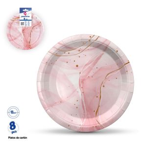 Blister Pratos Papel Mármore Rosa/Dourado