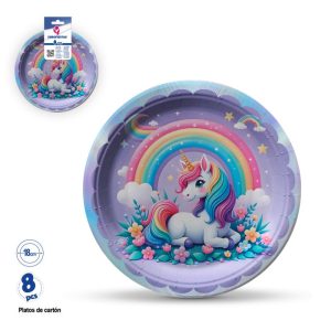 Blister 8 Pratos Papel Lilás Unicórnio Arco-Íris 18Cm
