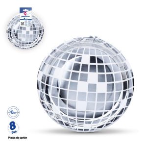 Blister 8 Pratos Papel Estilo Bola Disco Prateada 18Cm