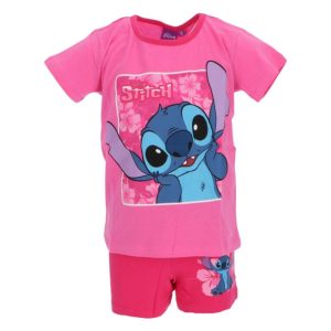 Pijama de Menina Curto Primavera-Verão Stitch Surprised Rosa T-Shirt Clara