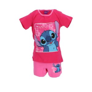 Pijama de Menina Curto Primavera-Verão Stitch Surprised Rosa T-Shirt Escura
