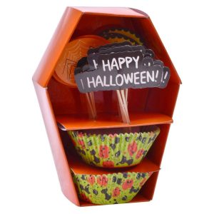 Conj. 24 Toppers +24 Forminhas Cupcake Happy Halloween 11,5x16x5,5Cm