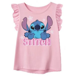 T-Shirt de Menina Manga Curta Folhos Rosa Claro Stitch Tiny Smile