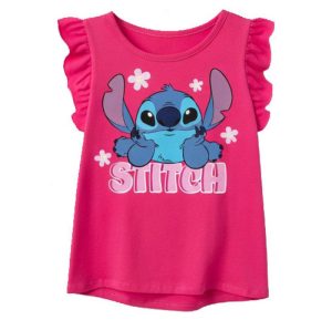 T-Shirt de Menina Manga Curta Folhos Rosa Escuro Stitch Tiny Smile