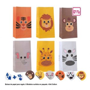 Blister 6 Sacos de Papel com Etiquetas Animais da Selva 24x13x8Cm (Modelos Sortidos)