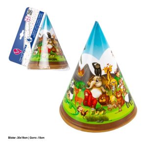 Blister 6 Chapéus Festa Cone Animais Divertidos 15Cm