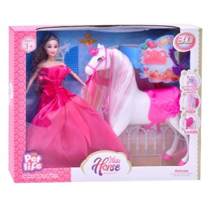 Boneca com Cavalo Rosa e Acessórios 40,5x8x32,5Cm