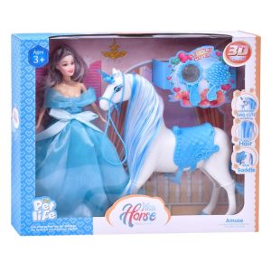 Boneca com Cavalo Azul e Acessórios 40,5x8x32,5Cm