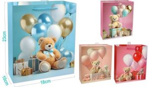 Saco Papel Ursinho Azul-Rosa-Bege-Vermelho com Balões Glitter