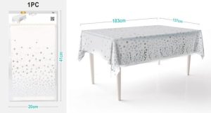 Toalha de Mesa PLástica Branca Lantejoulas Prateadas 137x183Cm