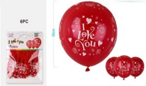 Blister 6 Balões Látex Vermelhos I LOVE YOU 30Cm