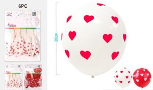 Blister 6 Balões Látex Brancos-Vermelhos Corações 30Cm