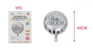 Balão Foil Prateado Redondo Bride & Groom 45Cm