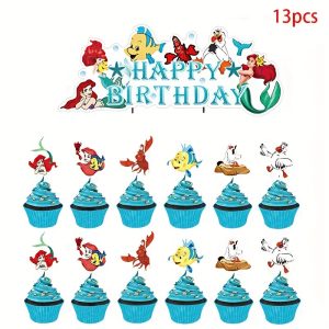 Topper Bolo Aniversário Happy Birthday + 12 Toppers Cupcakes Princesa Sereia Ariel