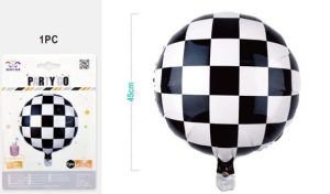 Balão Foil Redondo Quadrados Preto e Branco (Corrida) 45cm