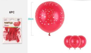 Blister 6 Balões Látex Vermelhos Coracões Brancos 30Cm