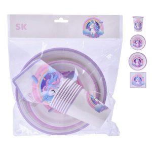 Conj. 8 Pratos 23cm + 8 Pratos 18Cm + 8 Guardanapos + 8 Copos Papel Unicórnio