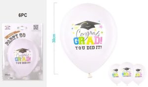 Blister 6 Balões Látex Brancos Congrats Grad You Did It 30Cm