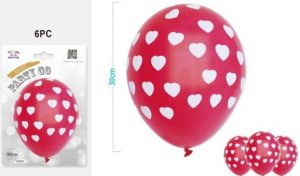 Blister 6 Balões Látex Vermelhos Corações Brancos 30Cm