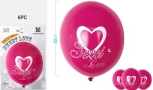 Blister 6 Balões Látex Rosa Fucsia Coração Branco Sweet Love 30Cm