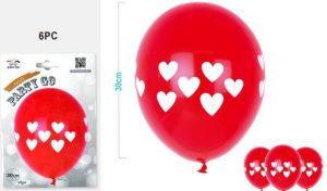 Blister 6 Balões Látex Vermelhos Corações Brancos 30Cm