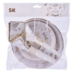 Conj 6+6 Pratos 18Cm e 23Cm + 6 Copos + 6 Guardanapos Feliz Aniv. Branco/Dourado