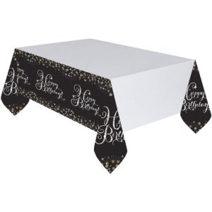 Toalha de Mesa Plástica Preta-Dourado Happy Birthday 120x180Cm