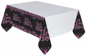 Toalha de Mesa Plástica Preta-Rosa Happy Birthday 120x180Cm