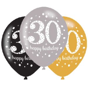 Blister 6 Balões Látex Preto-Prateado-Dourado Happy Birthday 30 Anos 27.5Cm